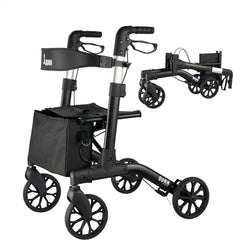 QUNN Rollator Walker Senior with Seat, Backrest, Double Folding Alum Rolling Walker with 8-inch Wheels Supports up to 300 lbs, Walker Senior, Lightweight 18 Pounds. (Black)