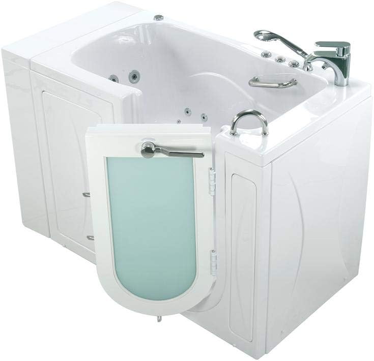 Ellas Bubbles Capri Acrylic Air and Hydro Massage and Heated Seat Walk-In Bathtub with Right Outward Swing Door, 2 Piece Fast Fill Faucet, 2" Dual Drain, White, 30x52x45, OA3052DH2P-R