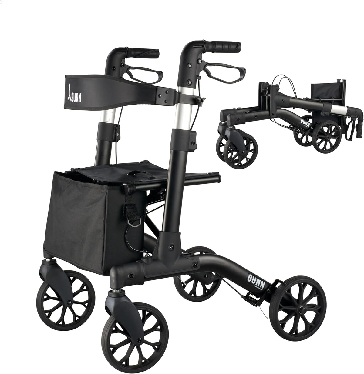 QUNN Rollator Walker Senior with Seat, Backrest, Double Folding Alum Rolling Walker with 8-inch Wheels Supports up to 300 lbs, Walker Senior, Lightweight 18 Pounds. (Black)