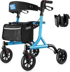 WALK MATE Rollator Walker for Seniors with Cup Holder, Upgraded Thumb Press Button for Height Adjustment, 4 x 8" Wheels Walker with Seat Padded Backrest Folding Lightweight Walking Aid, Blue