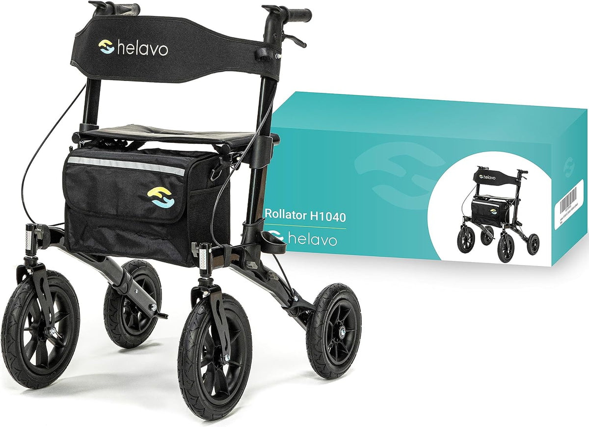 Helavo All Terrain Walker with Pneumatic Tires - Foldable Outdoor Walker for Seniors with Seat - Best Comfort on All Surfaces